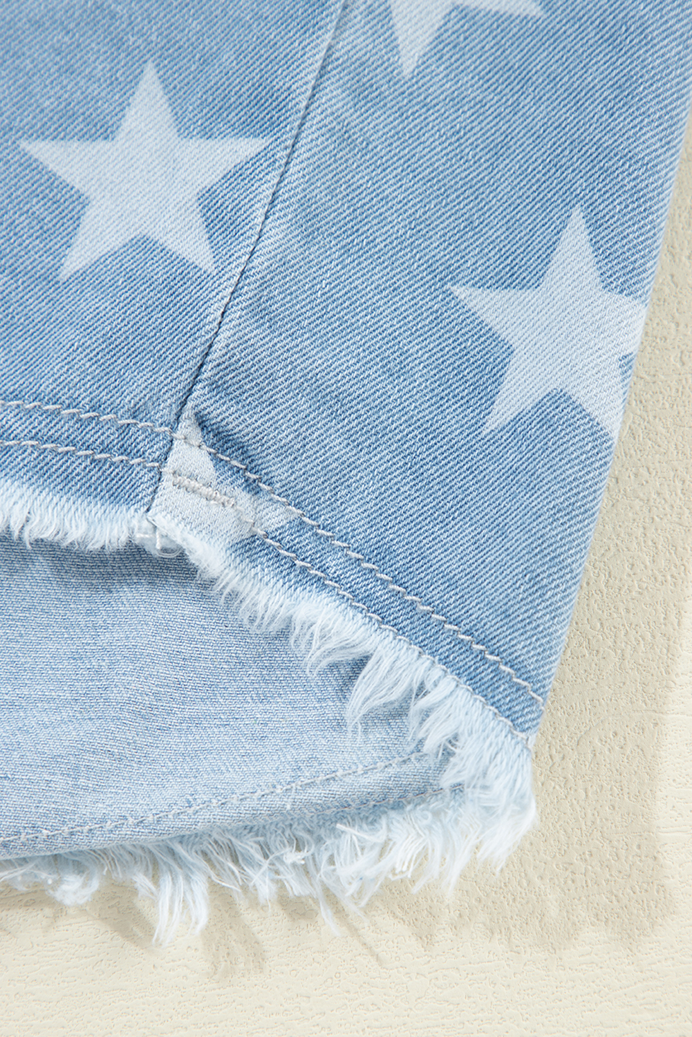 Sky Blue Star Print Light Wash Raw Hem Denim Jacket - loveforevers
