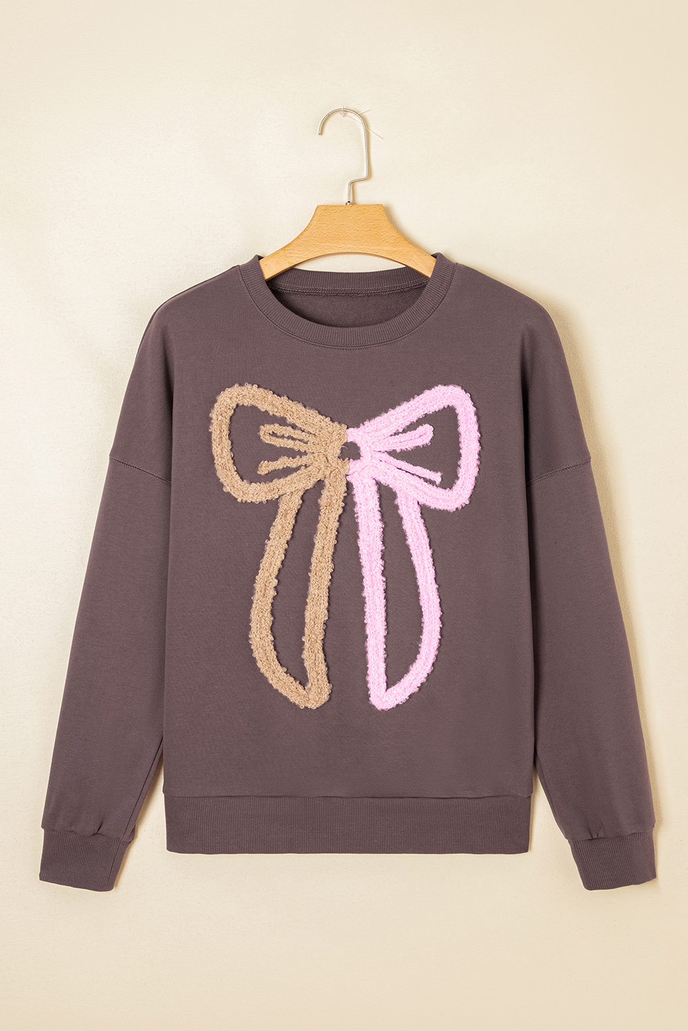 Dark Khaki Contrast Terry Bow Pattern Drop Shoulder Sweatshirt - loveforevers