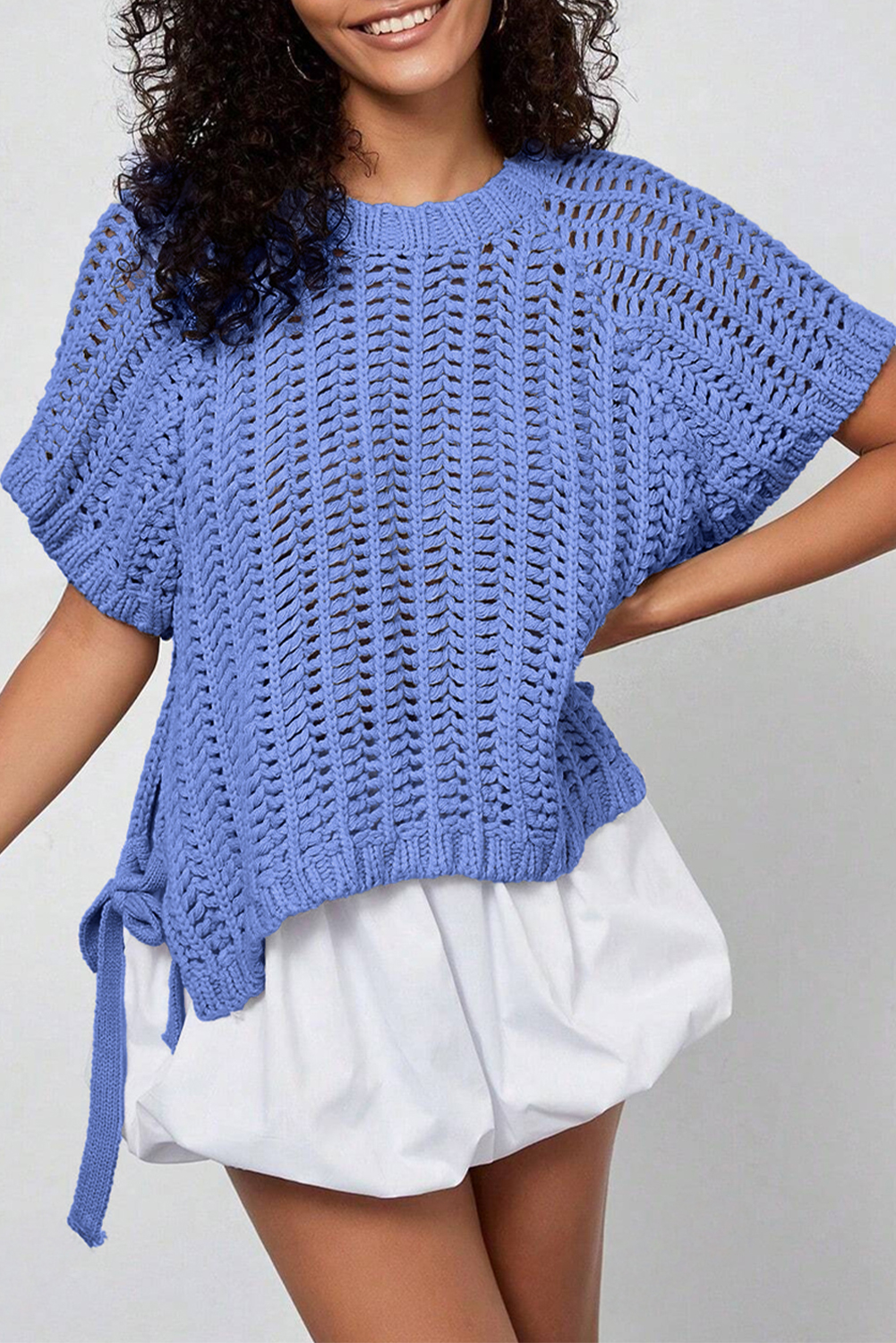Ashleigh Blue Plus Size Open Knit Bow Tie Short Sleeve Sweater - loveforevers