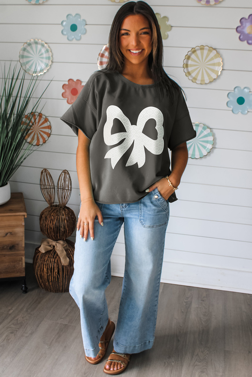 Medium Grey Lace Bow Raw Edge Drop Shoulder Casual T Shirt - loveforevers