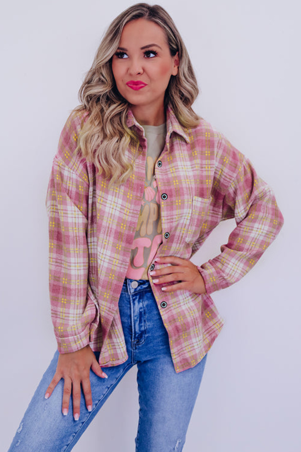 Pink Plaid Print Chest Pocket Long Sleeve Shacket - loveforevers