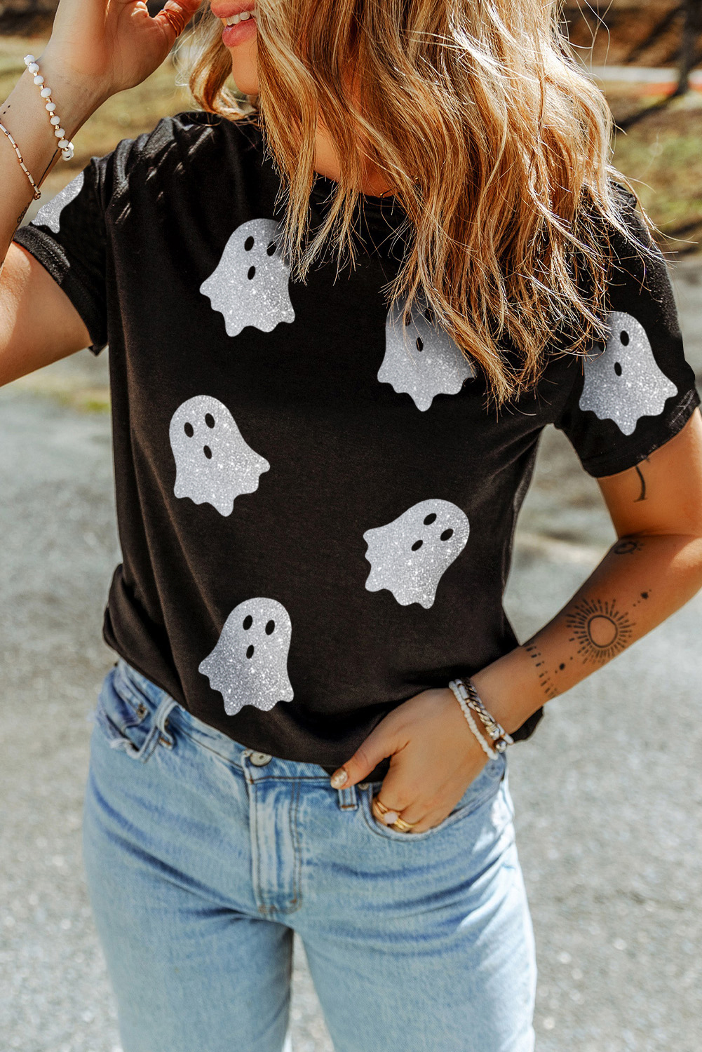 Wisteria Glitter Trim Chenille Ghost Patched Halloween Graphic Tee - loveforevers