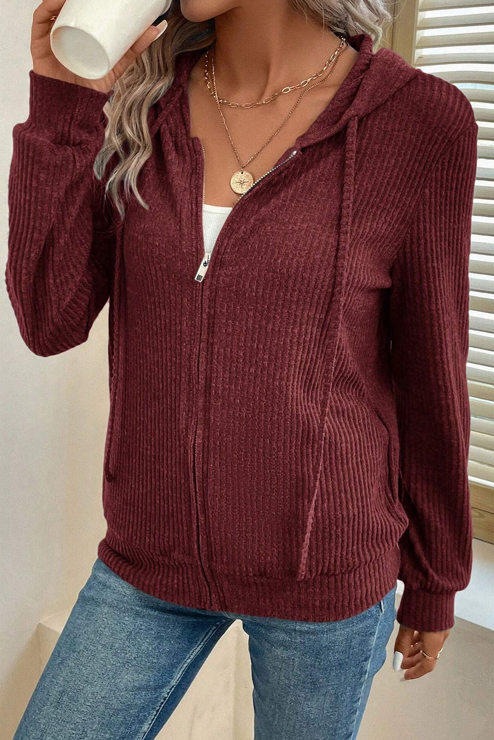 Dark Grey Ribbed Zip Up Front Drawstring Hoodie - loveforevers