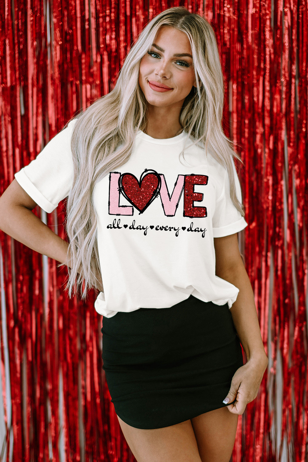 White Valentine LOVE Heart Shape Crew Neck Graphic Tee - loveforevers