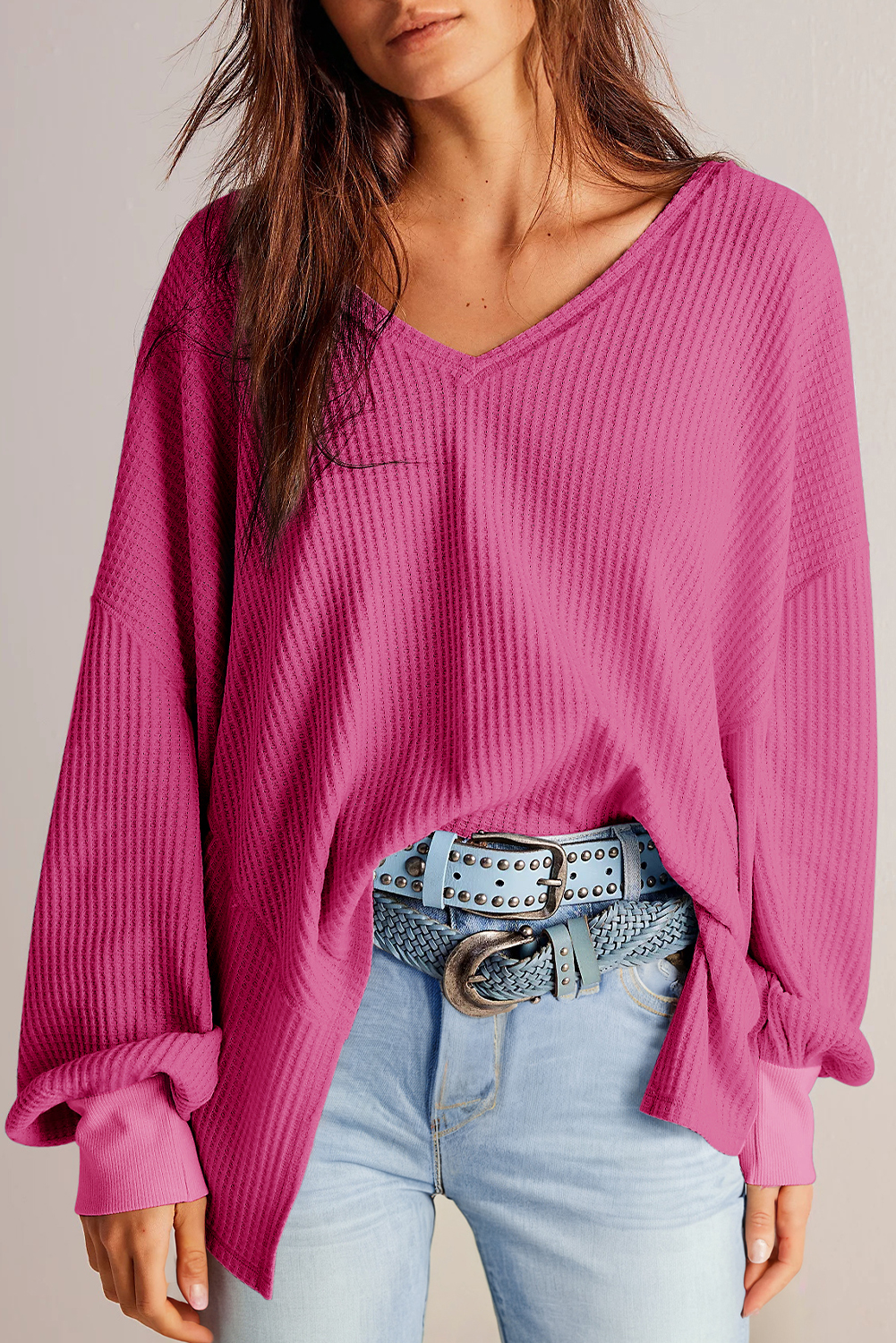 Light Pink Waffle V Neck Long Sleeve Drop Shoulder Loose Blouse - loveforevers