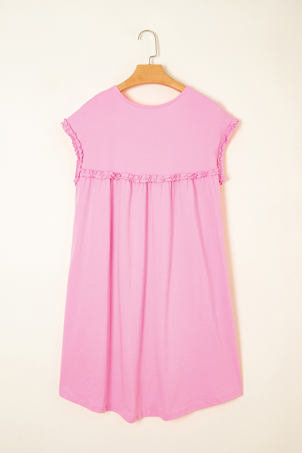 Pink Frilled Trim Crew Neck Loose Fit Mini Dress - loveforevers