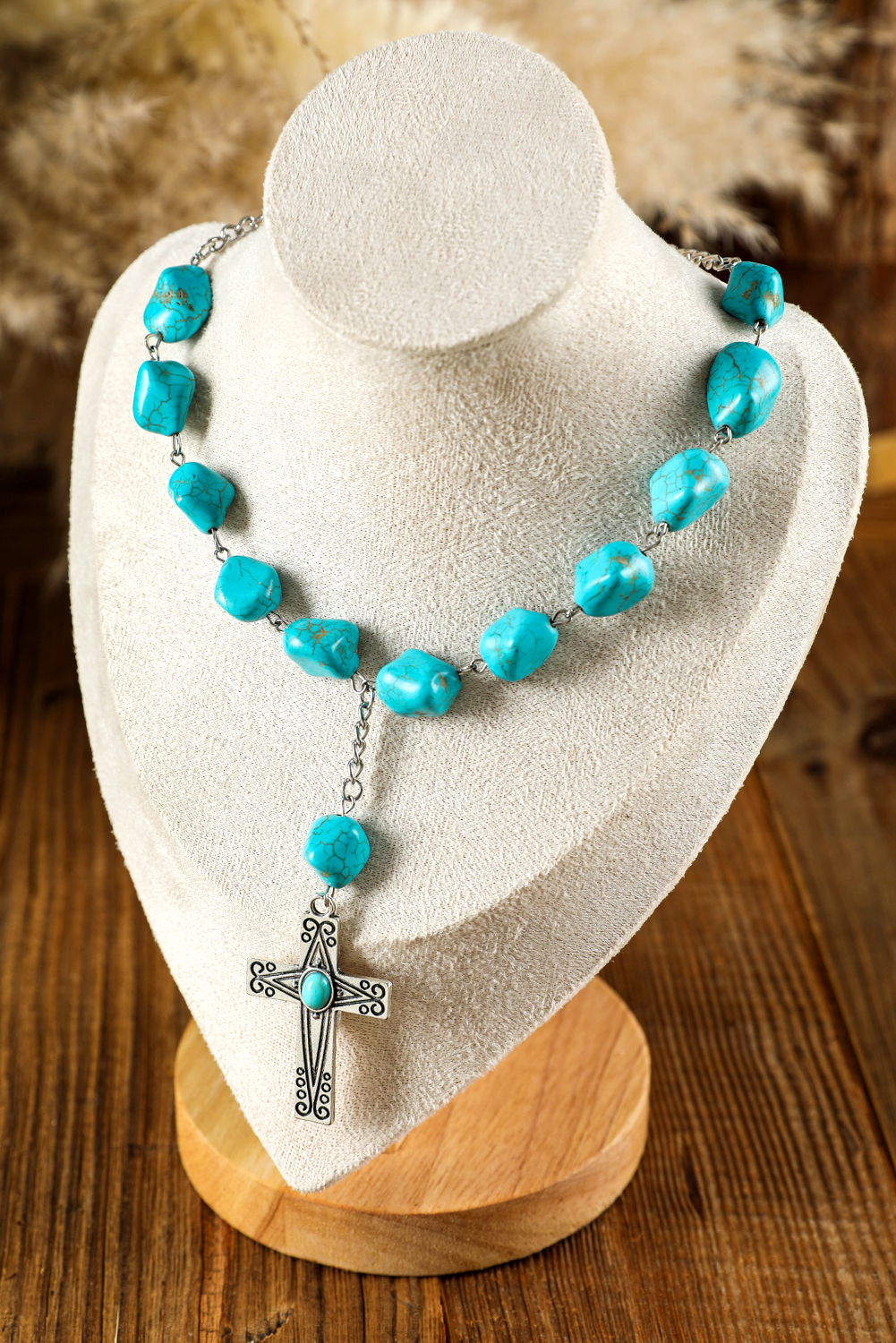 Peacock Blue Turquoise Cross Pendant Necklace - loveforevers