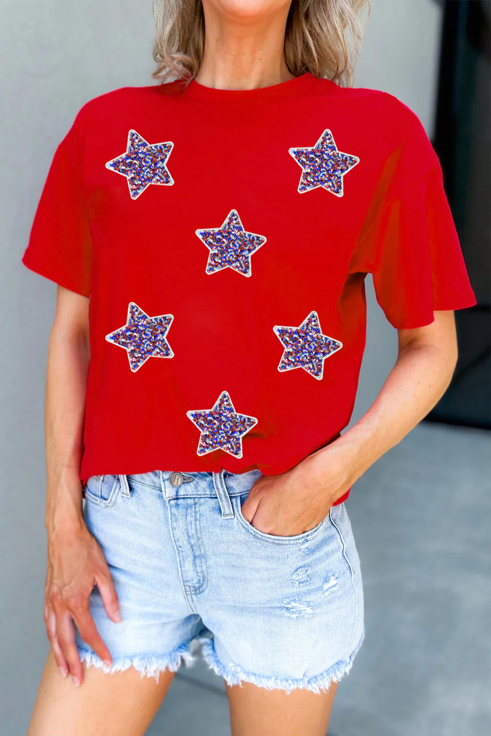 Red July 4th Fashion Sequin Star Graphic T Shirt - loveforevers
