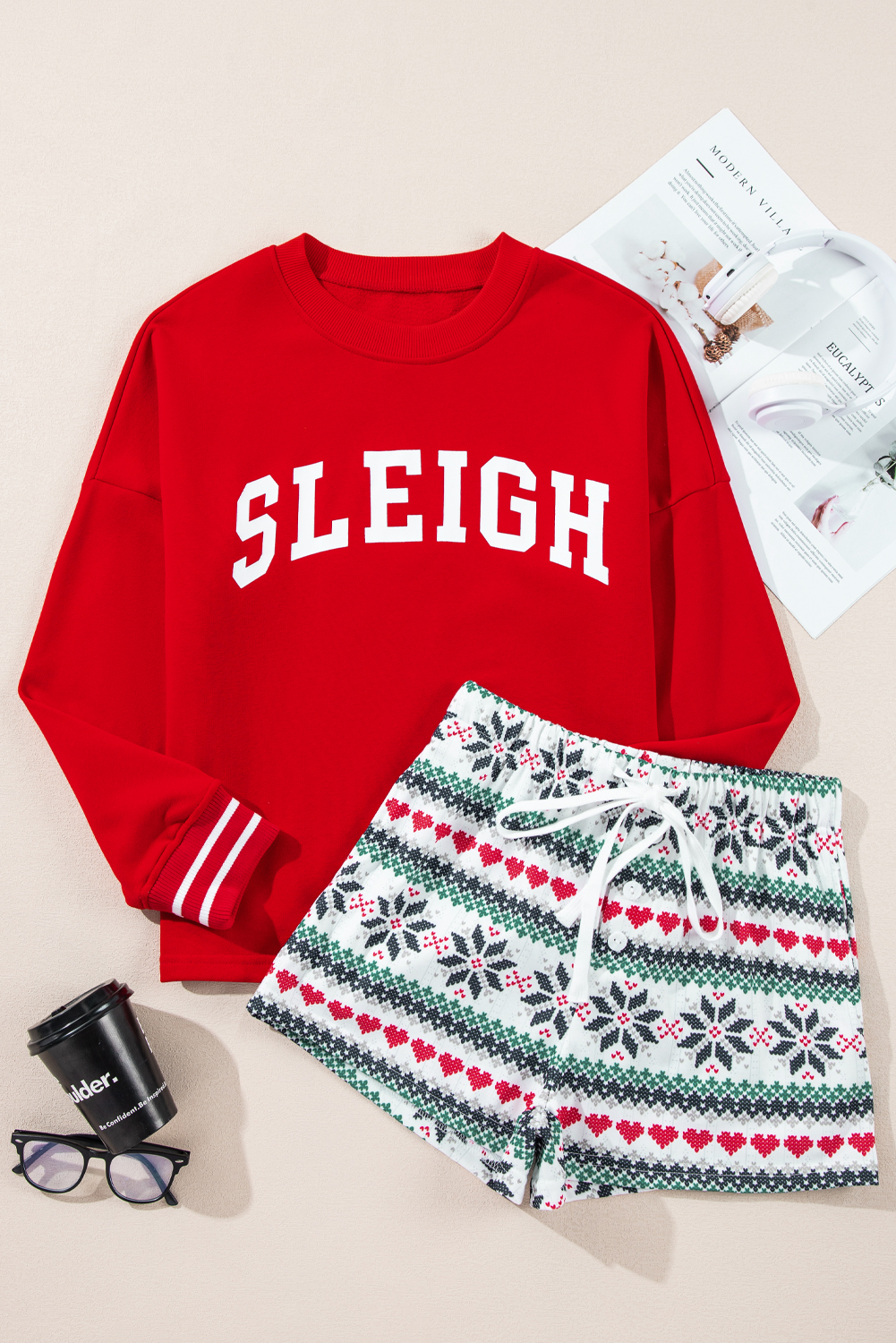 Fiery Red SLEIGH Snowflake Print Long Sleeve Wide Leg Lounge Set - loveforevers