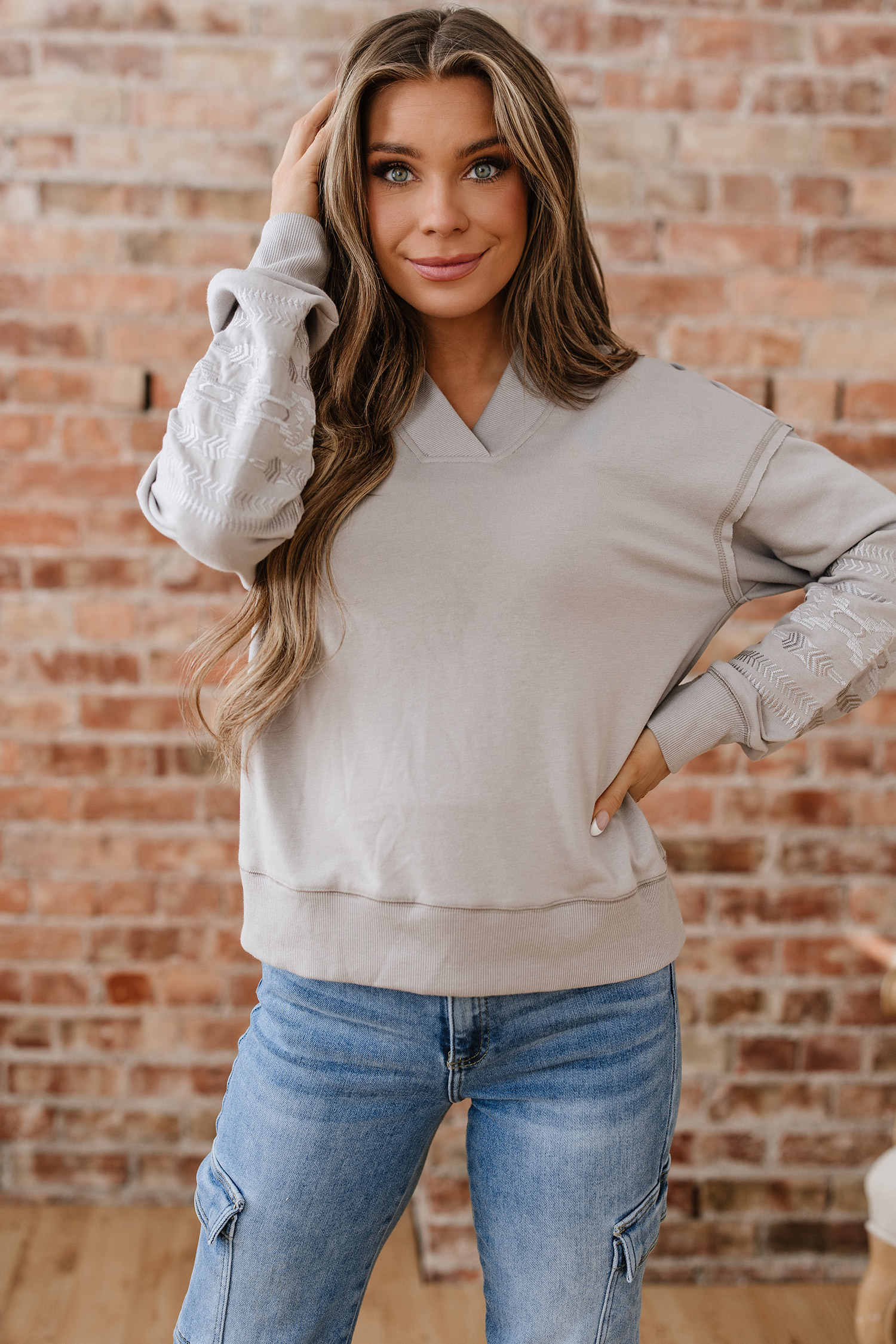 Parchment Aztec Embroidered Western V Neck Sweatshirt - loveforevers