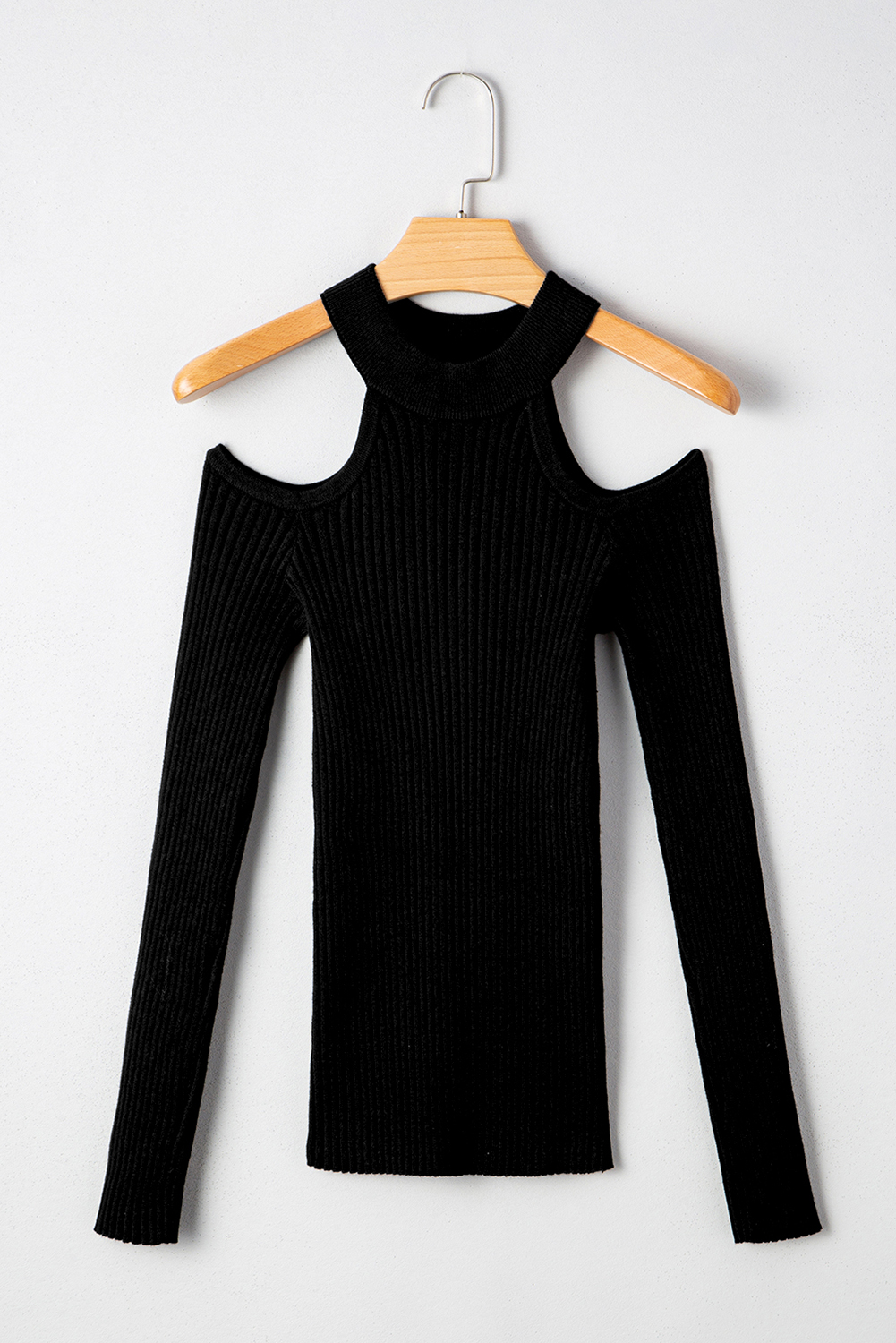 Black Ribbed Knit Cold Shoulder Choker Neck Sweater - loveforevers