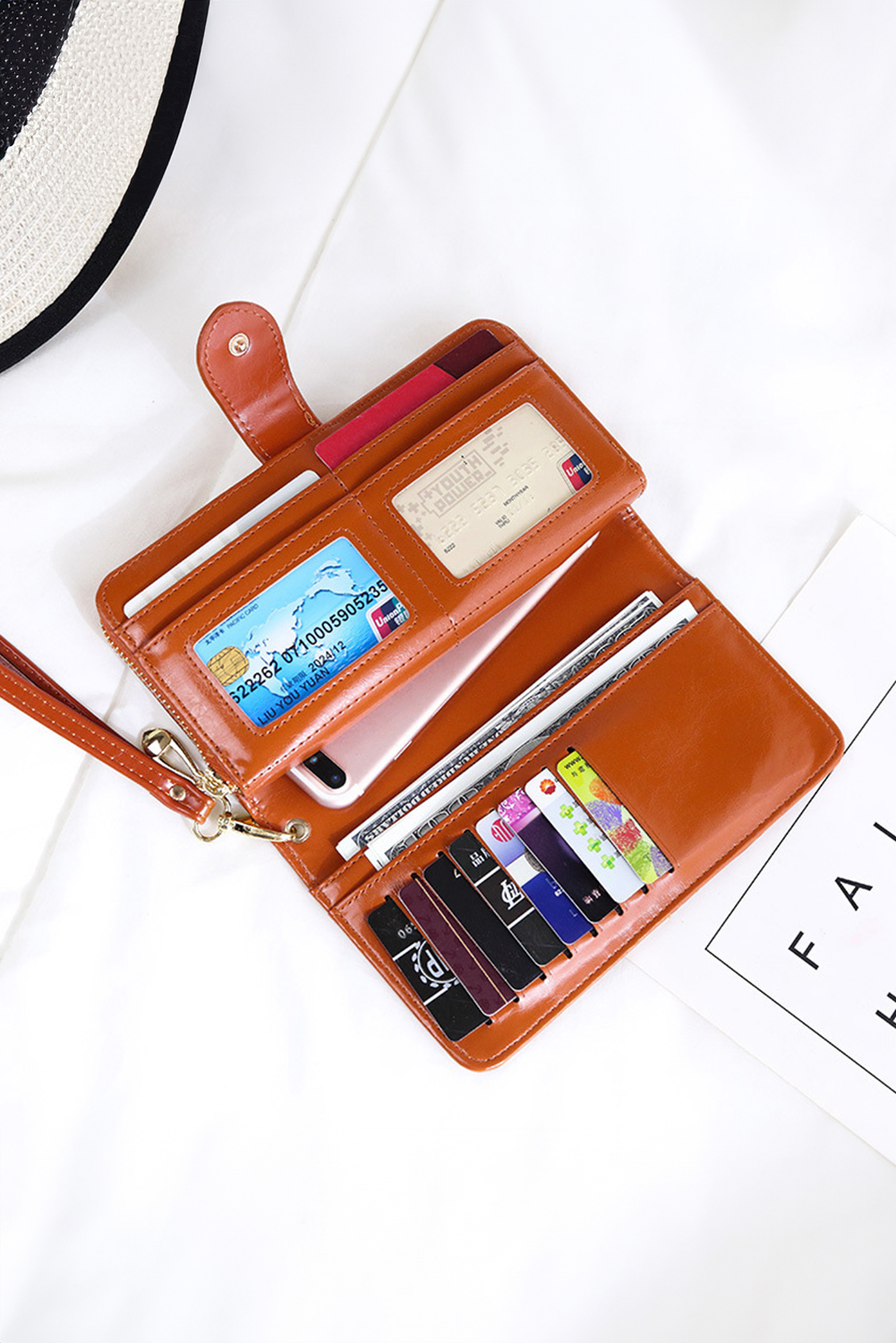 Cinnamon Faux Leather Zip Around Wrist Strap Long Wallet - loveforevers