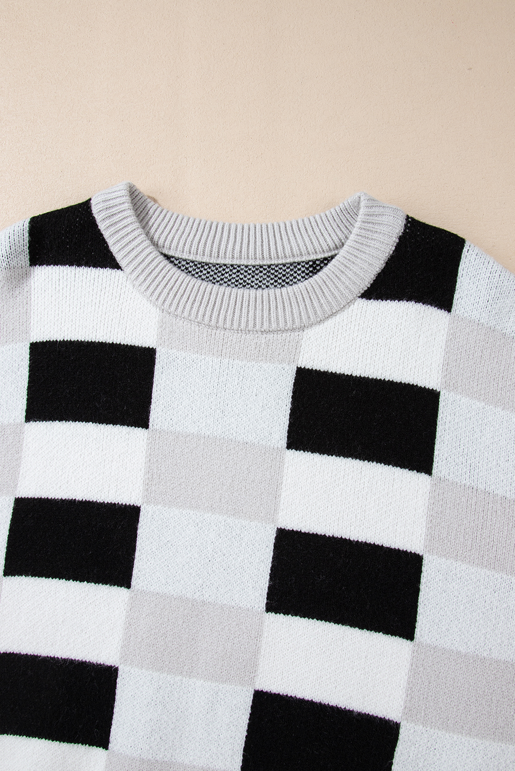 Khaki Checkered Ribbed Edge O Neck Drop Shoulder Sweater - loveforevers