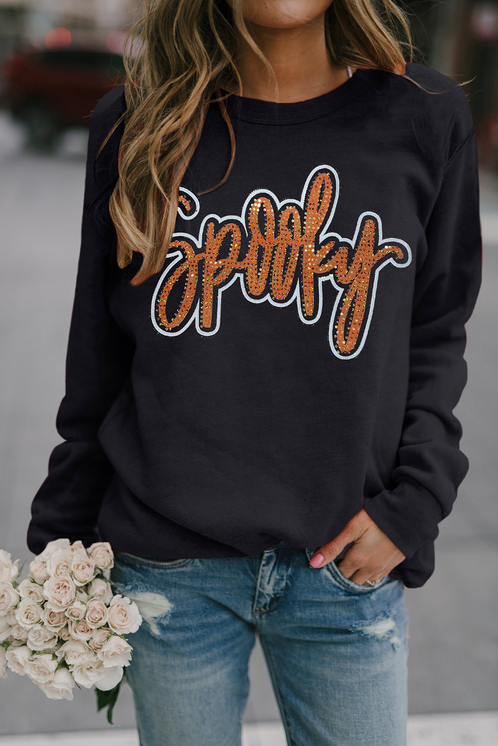 Black Spooky Rhinestone Drop Shoulder Graphic Sweatshirt - loveforevers