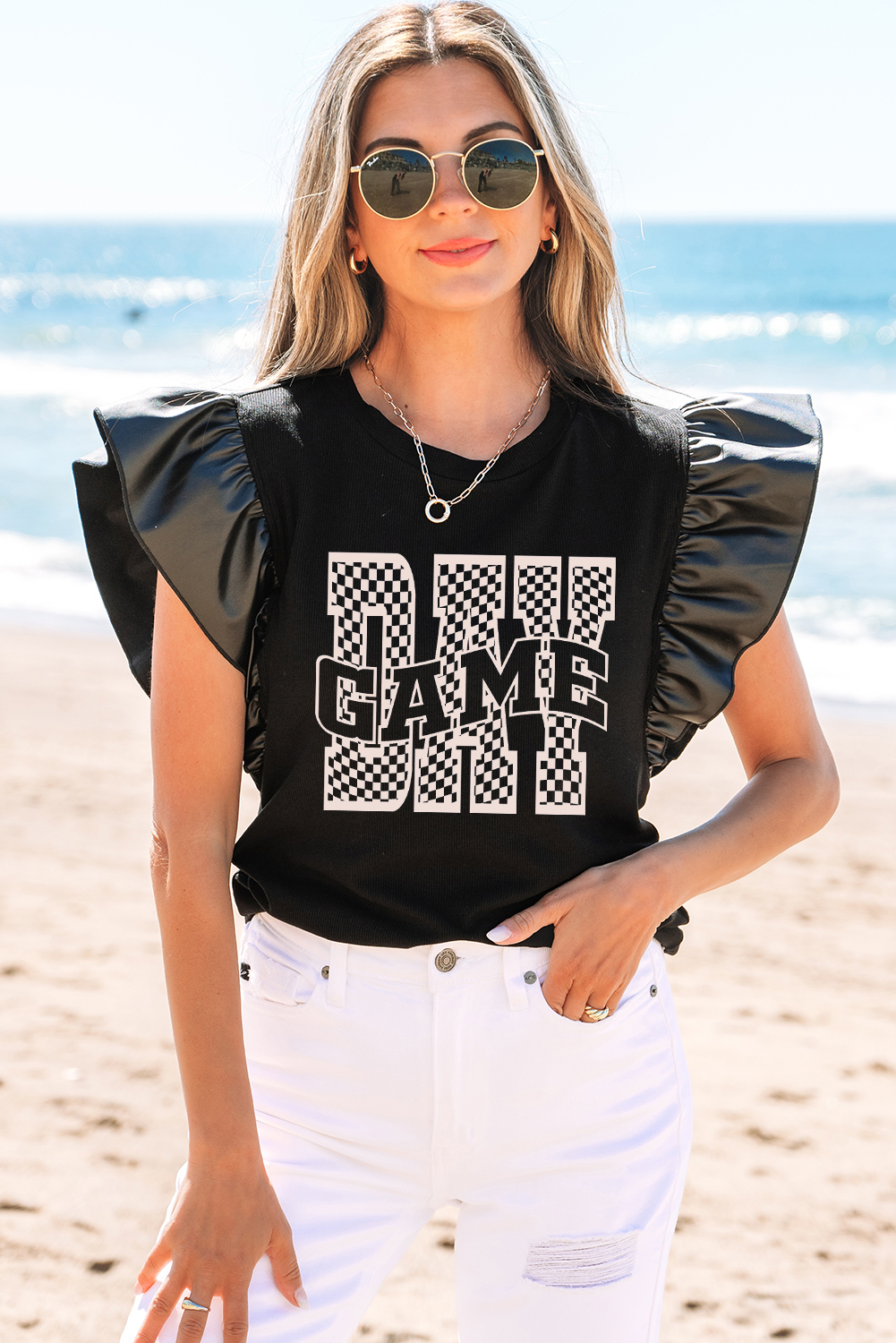 Black GAME DAY Checkered Letter Graphic Leatherette Ruffle Sleeve Top - loveforevers