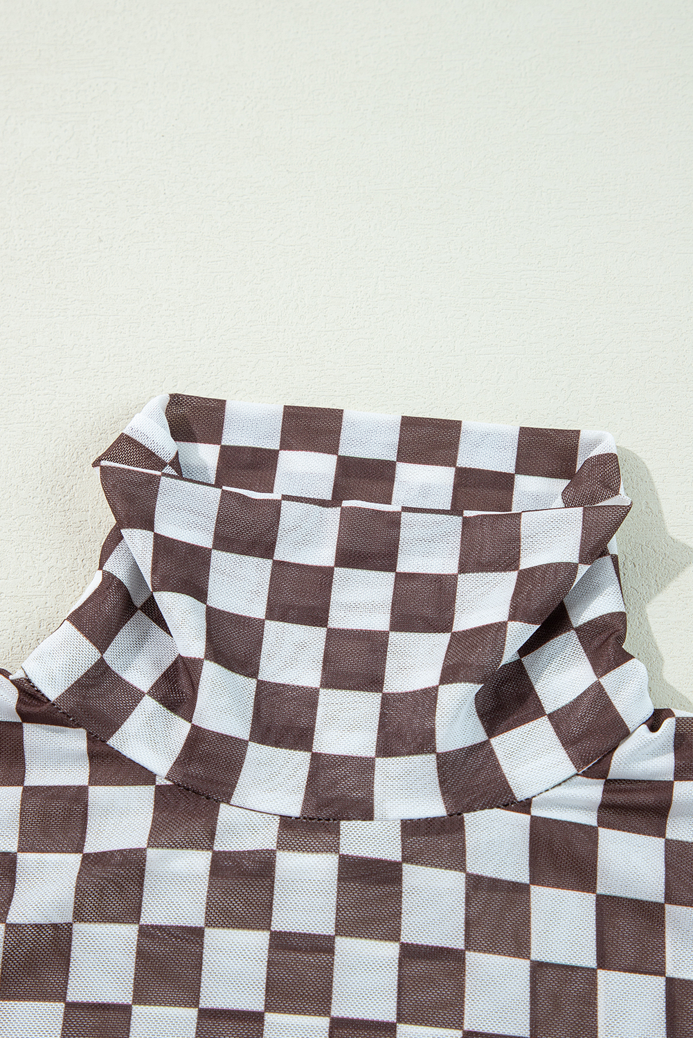 Khaki Checkered Pattern Mesh Mock Neck Long Sleeve Top - loveforevers