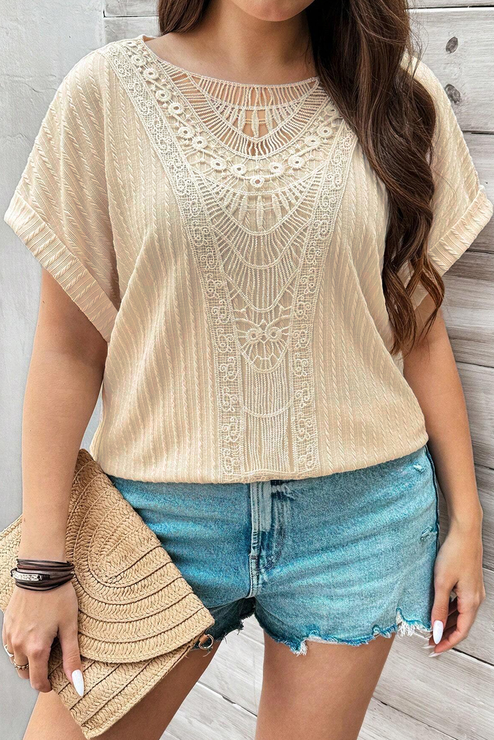 Beige Lace Crochet Patched Cable Textured Cuffed Short Sleeve Plus Size Top - loveforevers