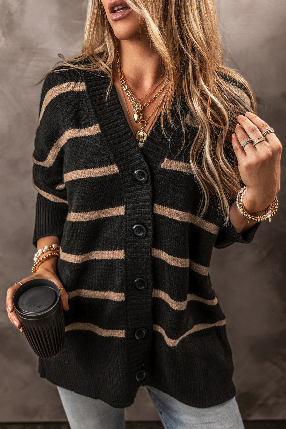 Black Stripe Buttoned V Neck Drop Shoulder Loose Cardigan - loveforevers