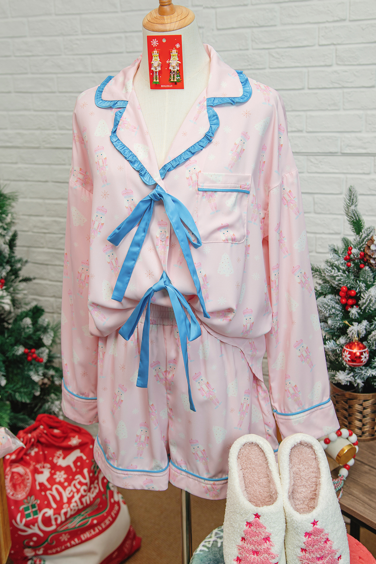 Pink Bow Tie Front Christmas Nutcracker Long Sleeve Shirt Shorts Pajama Set - loveforevers