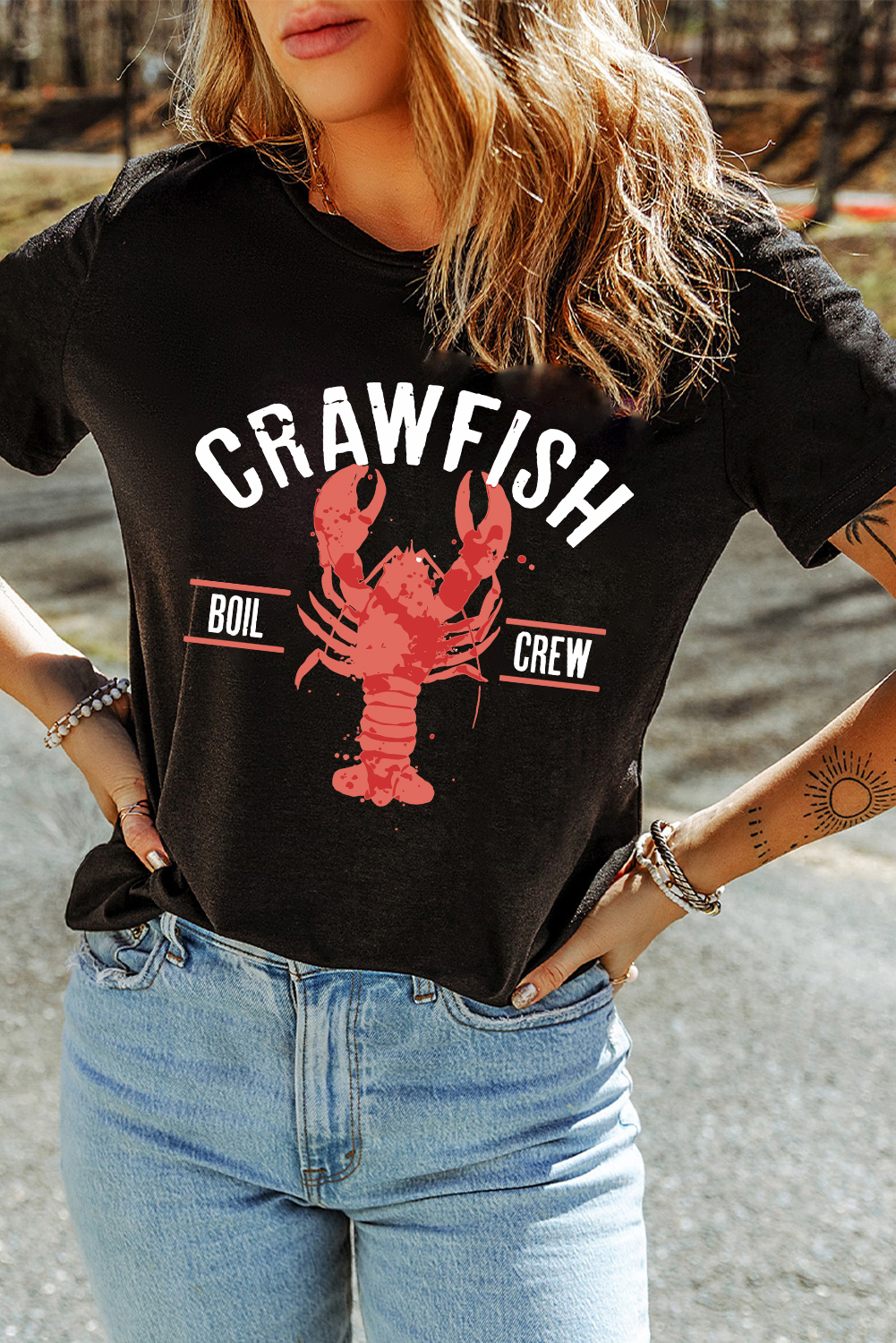 Black CRAWFISH BOIL CREW Distressed Letter Graphic T Shirt - loveforevers