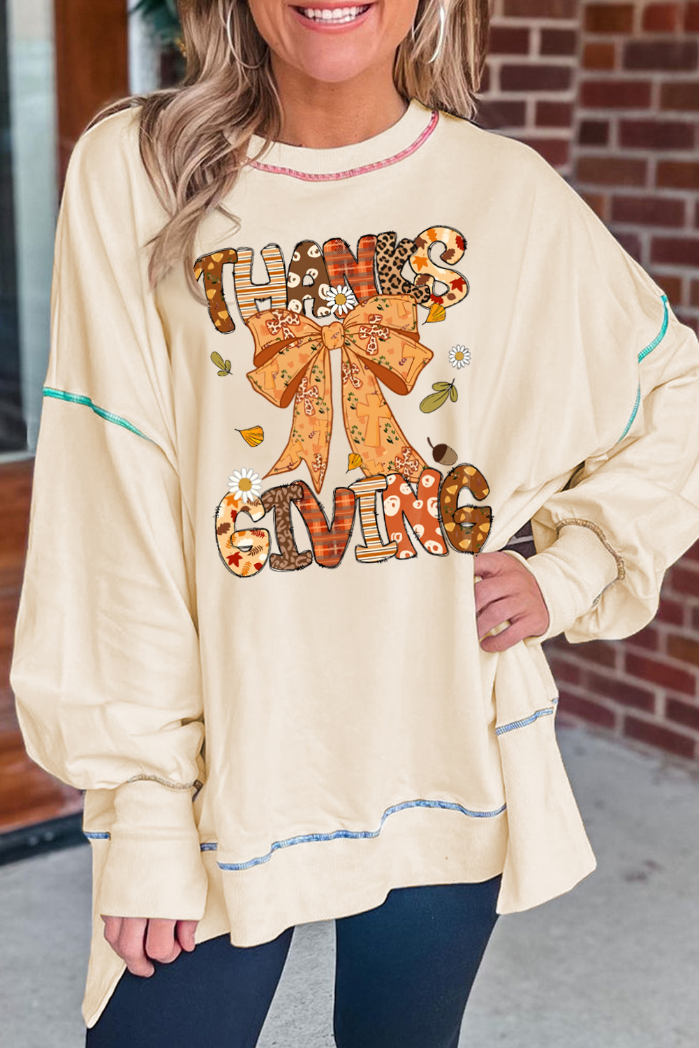 White THANKSGIVING Playful Ribbon Bow Printed Contrast Trim Baggy Sweatshirt - loveforevers