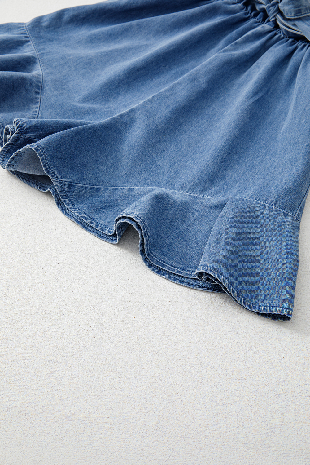 Ashleigh Blue Spaghetti Straps V Neck Belted Ruffled Leg Chambray Romper - loveforevers
