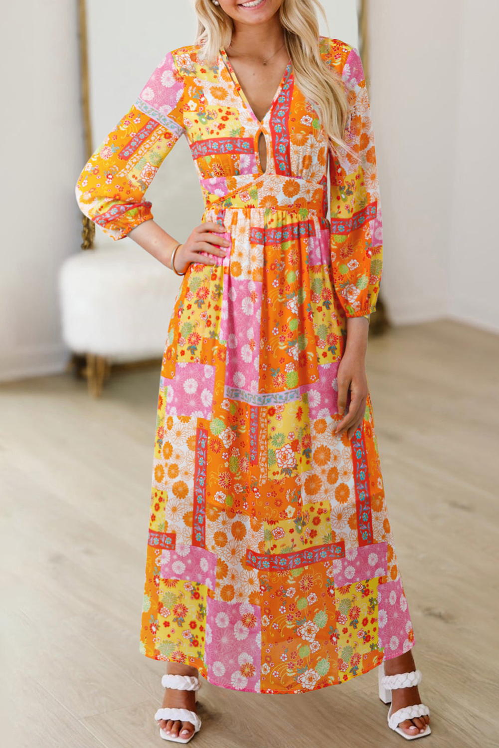 Orange Floral Patchwork Print Cut out Tied Back Bracelet Sleeve Maxi Dress - loveforevers