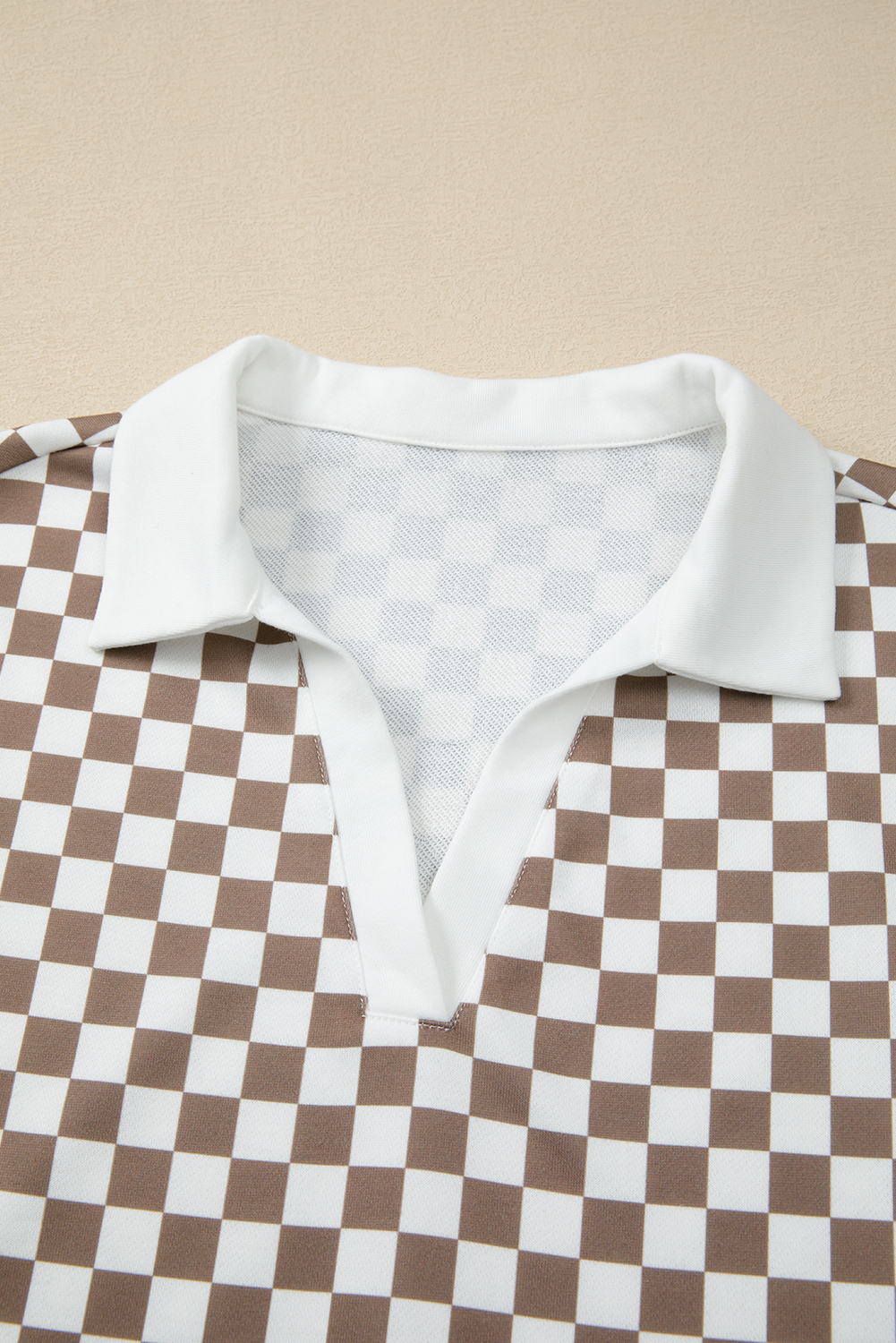 Khaki Checkered Print Polo Collar Cropped Long Sleeve Top Drawstring Mini Skirt Set - loveforevers