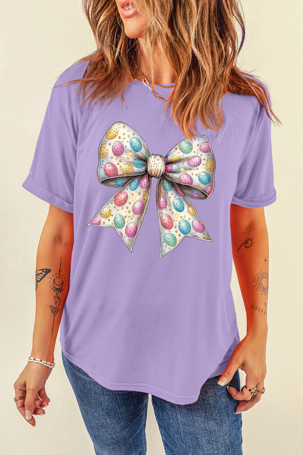 Wisteria Celebrative Easter Eggs Bow Print Casual T Shirt - loveforevers
