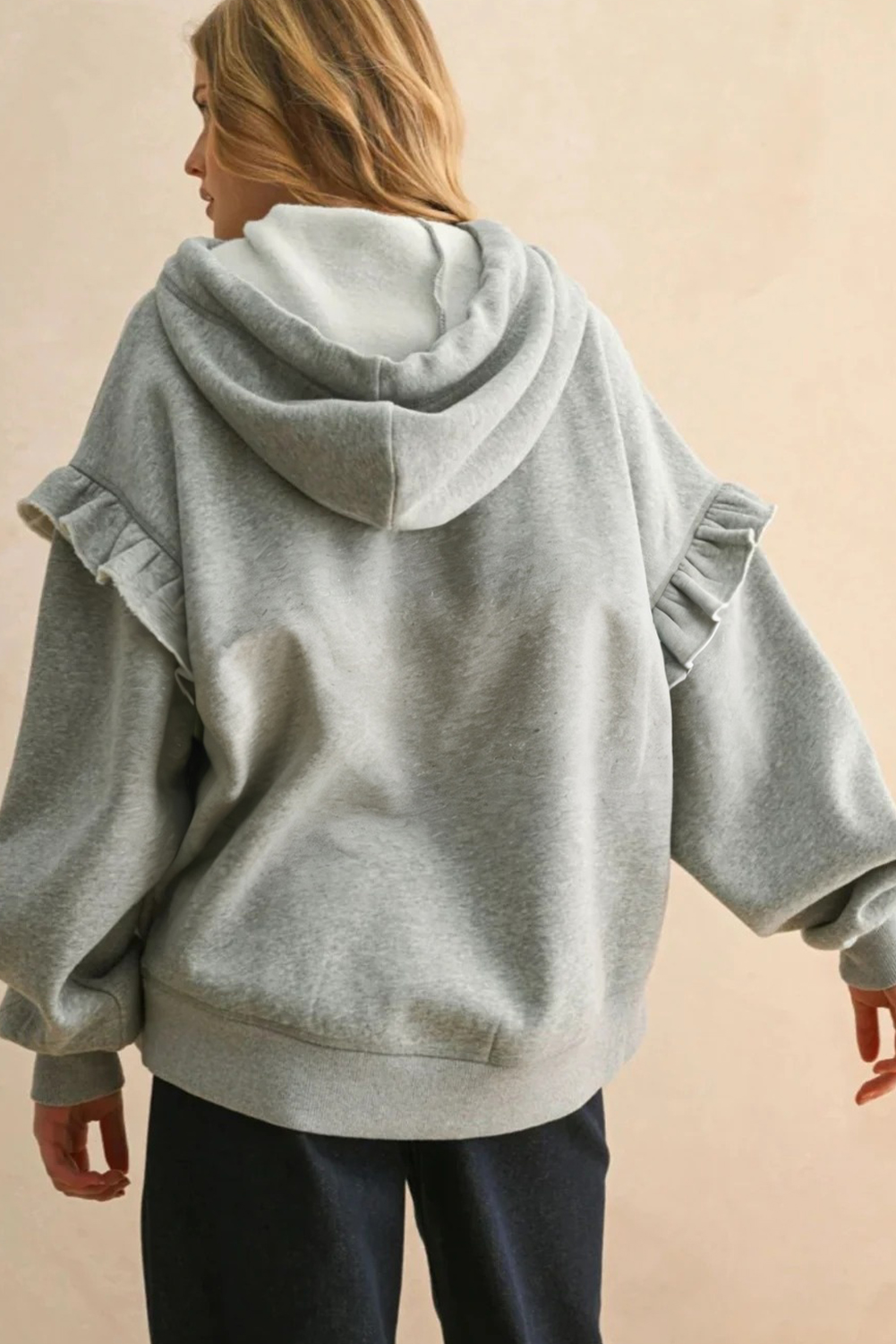 Gray Contrast Rope Drawstring Ruffle Trim Drop Shoulder Baggy Hoodie - loveforevers