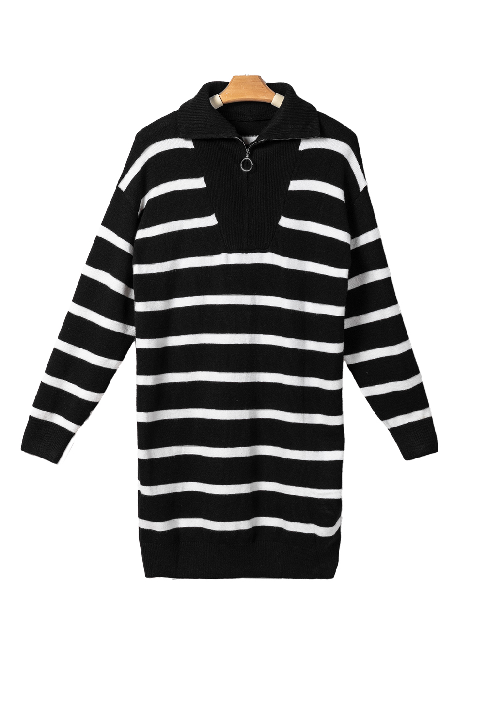 Black Striped O-ring Zip Collared Loose Sweater Mini Dress - loveforevers