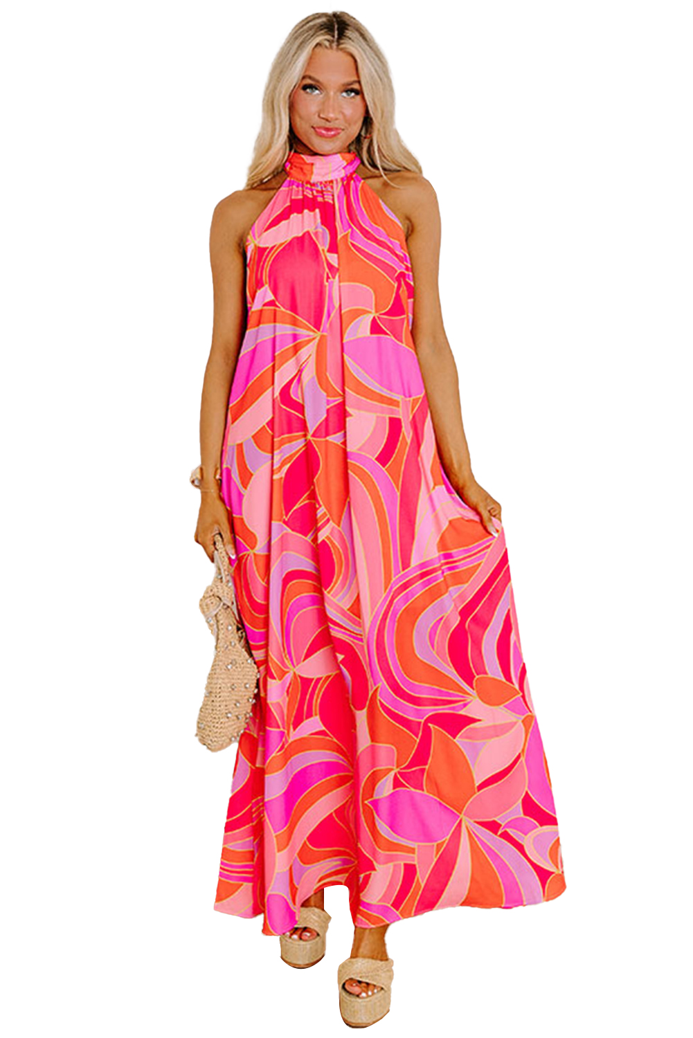 Rose Abstract Printed High Neck Knotted Nape Sleeveless Maxi Dress - loveforevers