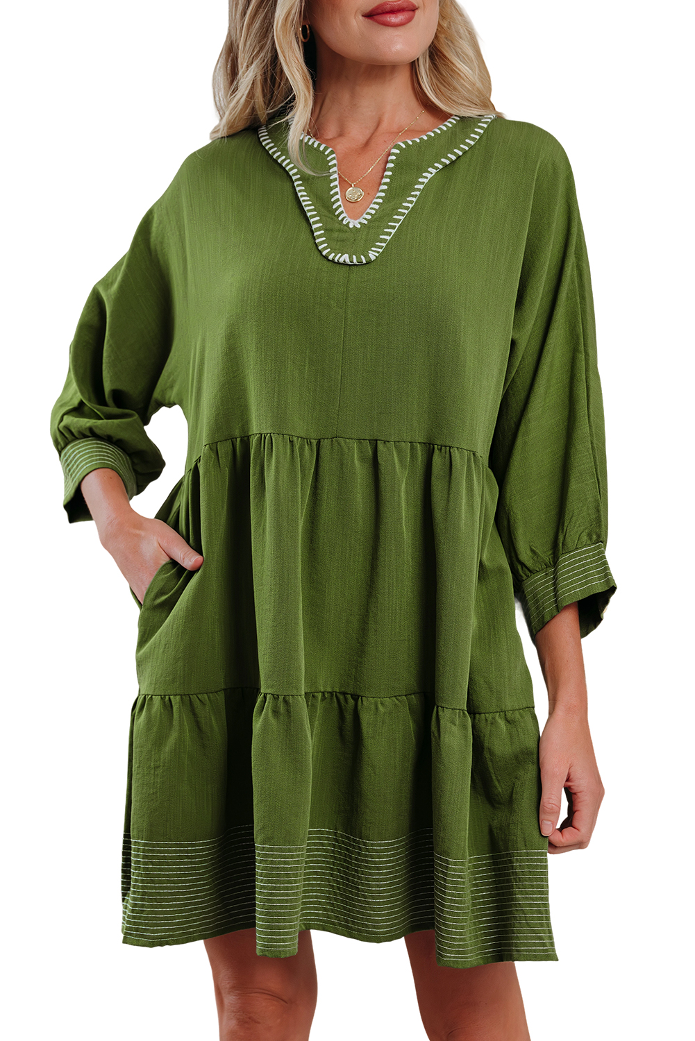 Black Contrast Stitched V Neck 3/4 Sleeve Tiered Mini Dress - loveforevers