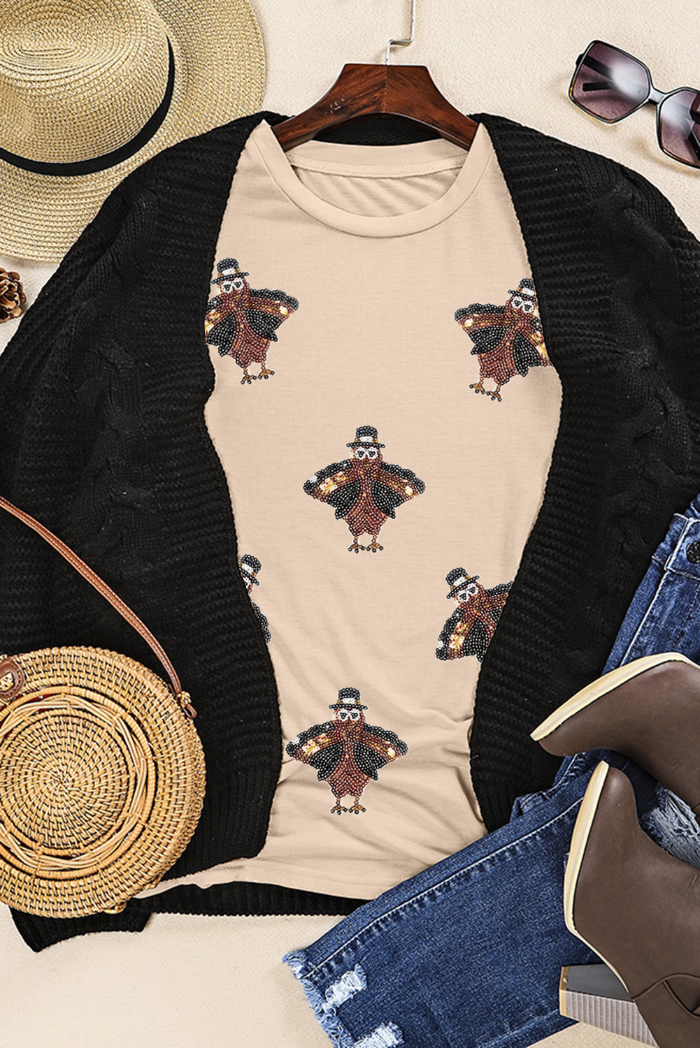 Khaki Sequined Turkey Patched Pattern Crewneck Thanksgiving T Shirt - loveforevers