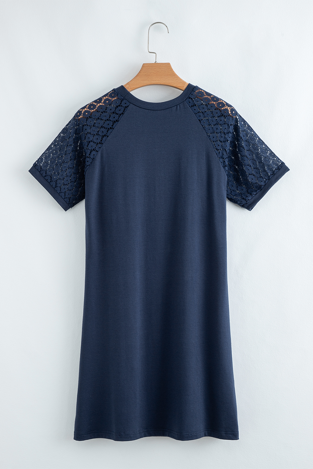 Navy Blue Contrast Lace Raglan Sleeve Pleated Detail Shift Dress - loveforevers