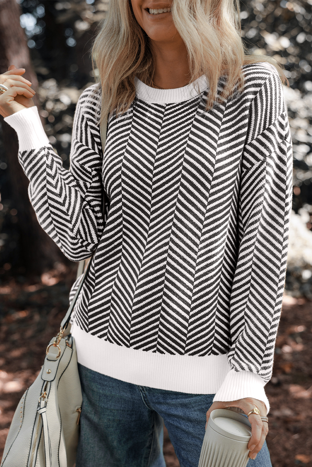 Coffee Contrast Edge Crew Neck Drop Shoulder Sweater - loveforevers