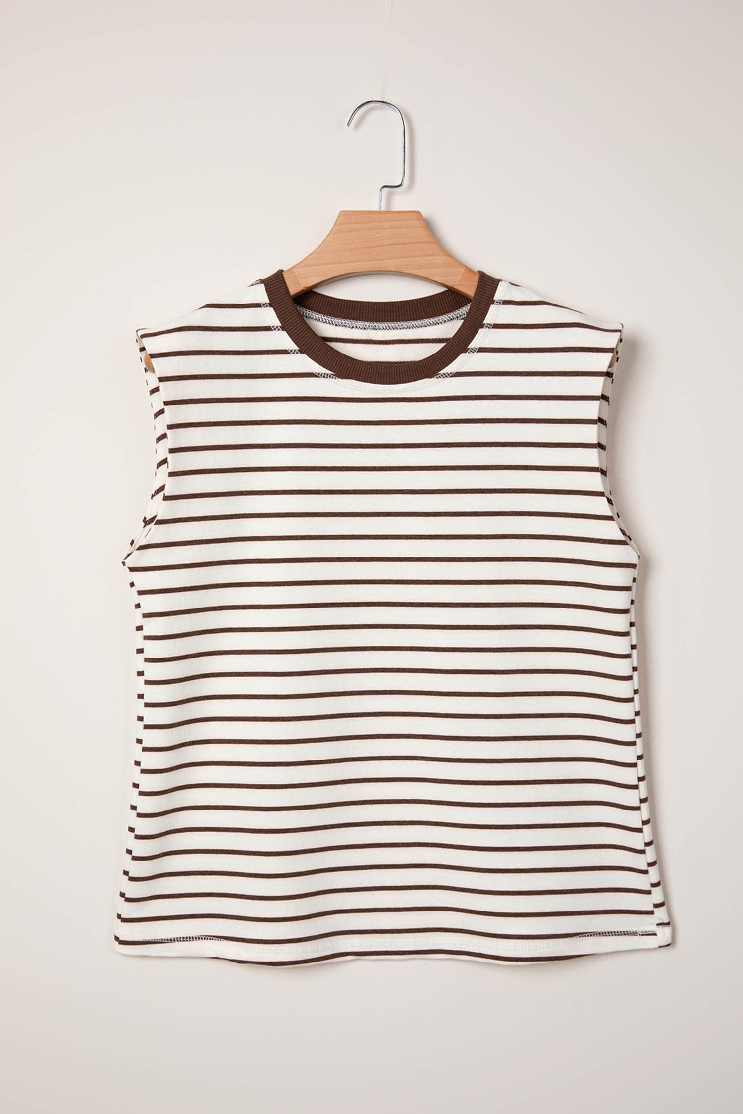 Brown Stripe Ribbed Round Neck Trim Loose Tank Top - loveforevers