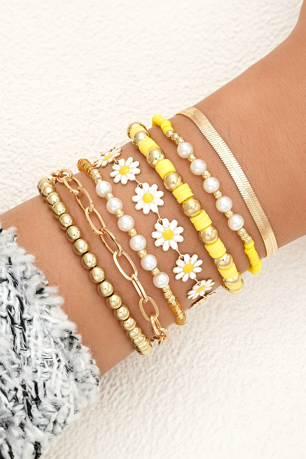 Gold Daisy Beaded Chain Adjustable Multi Layer Bracelet Set - loveforevers