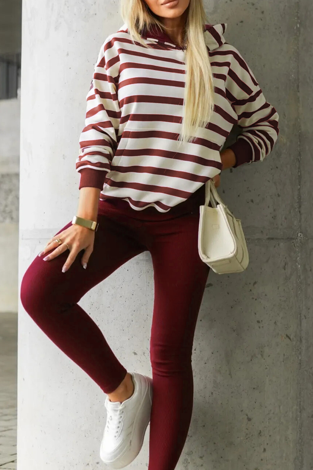 Red Stripe Pullover Hoodie Ribbed Solid Pants 2pcs Set Outfit - loveforevers