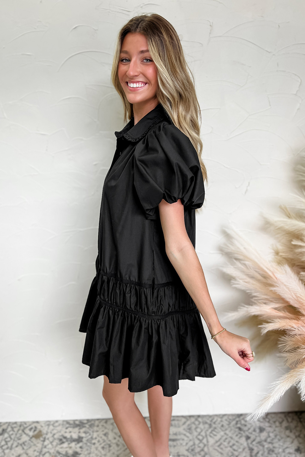 Black Shirt Style Button Down Puff Sleeve Ruffle Hem Dress - loveforevers