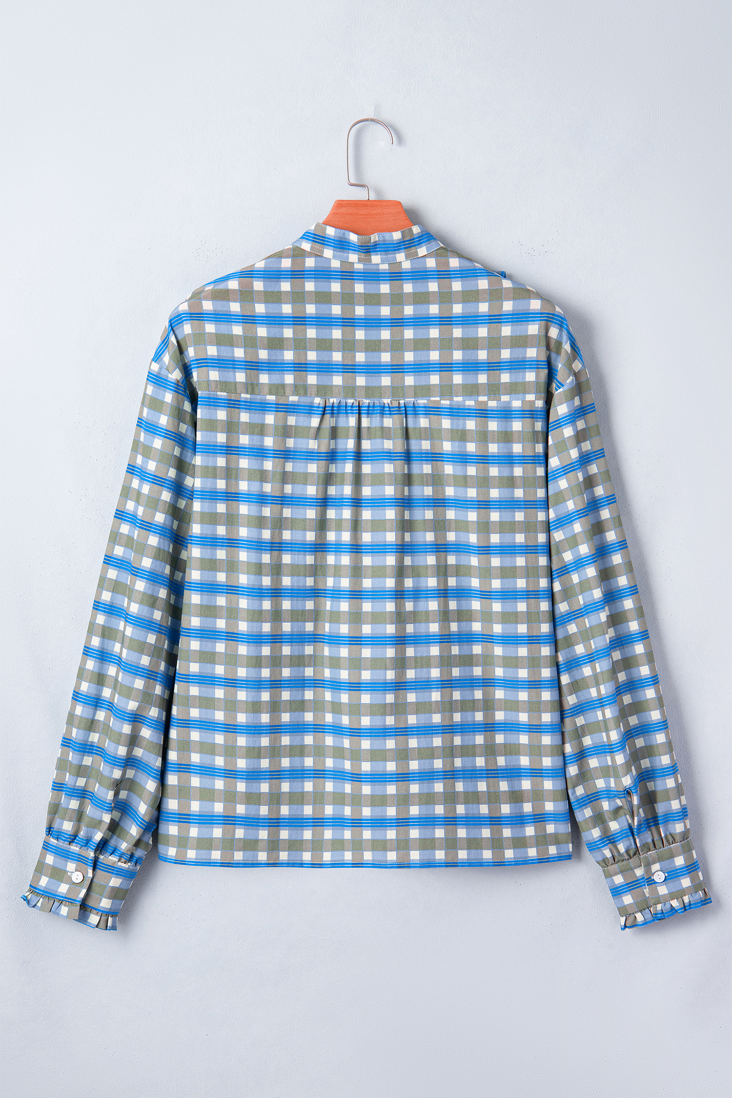 Sky Blue Plaid Long Sleeve Frilled Detail Half Button Blouse - loveforevers