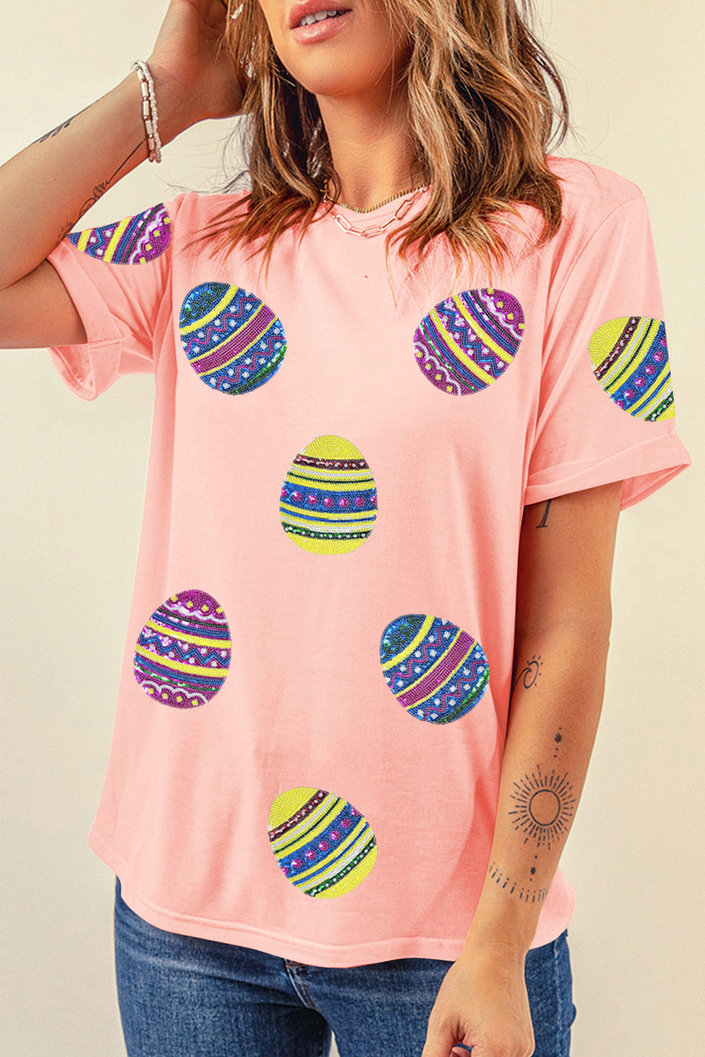 Pink Sequined Easter Egg Patched Print Holiday Tee - loveforevers