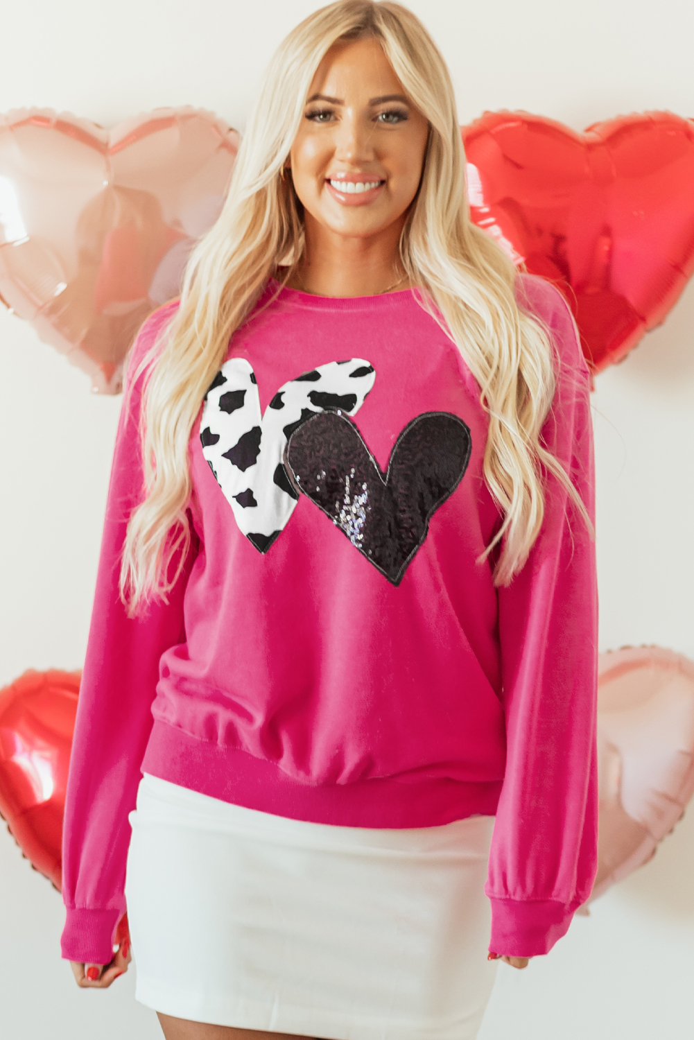 Strawberry Pink Cow & Sequin Double Heart Patch Graphic Sweatshirt - loveforevers