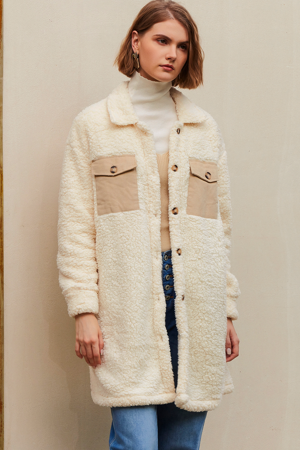 Beige Contrast Flap Pocket Single Breasted Teddy Coat - loveforevers
