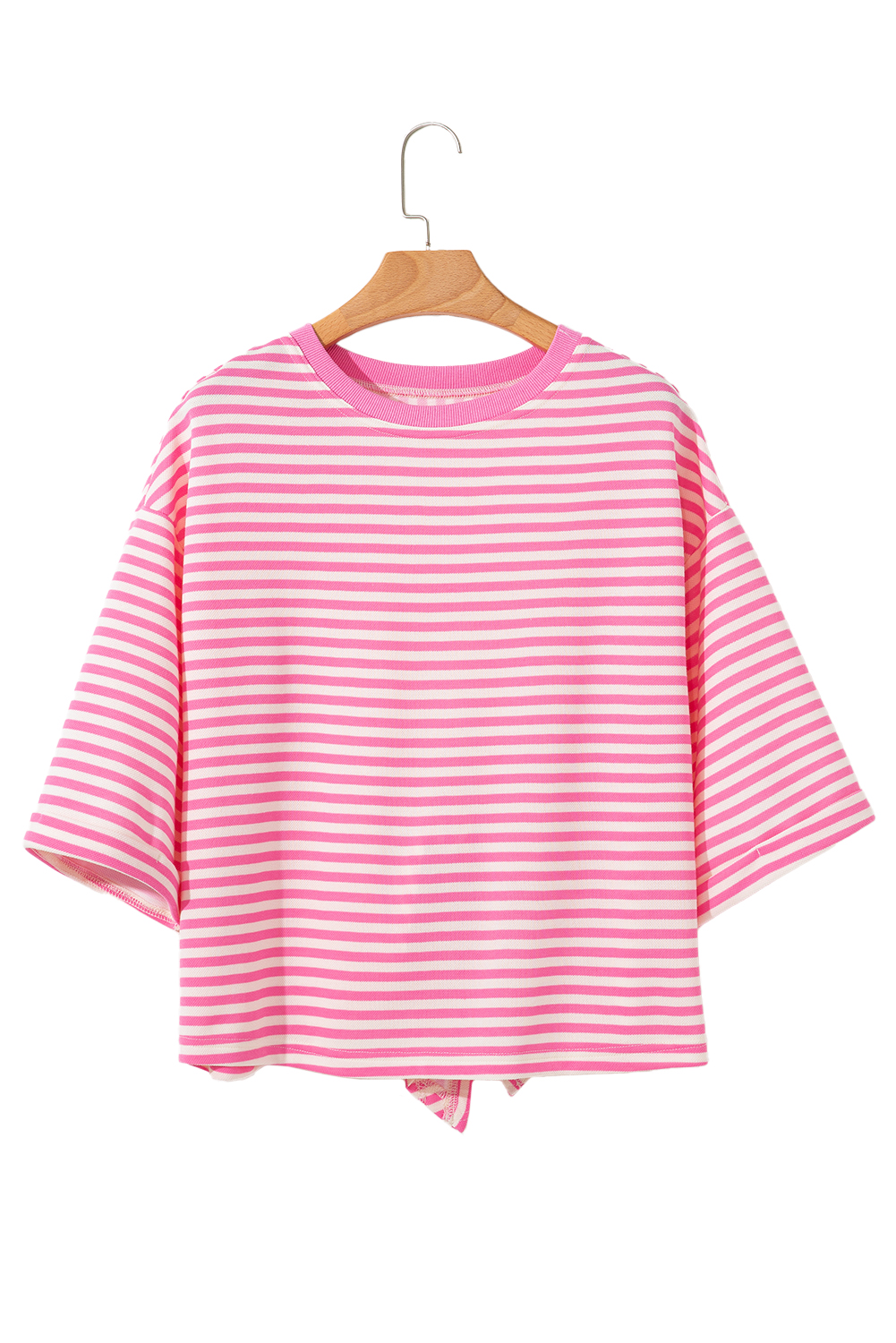 Red Stripe Bowknot Cutout Back Drop Shoulder Wide Bracelet Sleeve Loose Tee - loveforevers