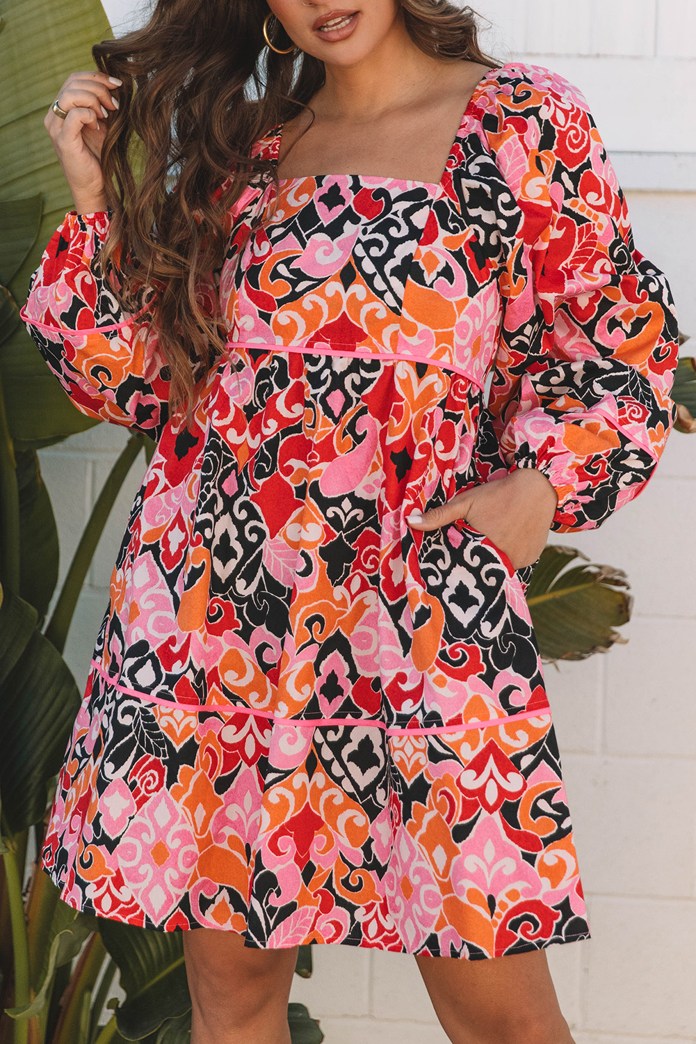 Pink Bohemian Square Neck Puff Sleeve Mini Dress - loveforevers