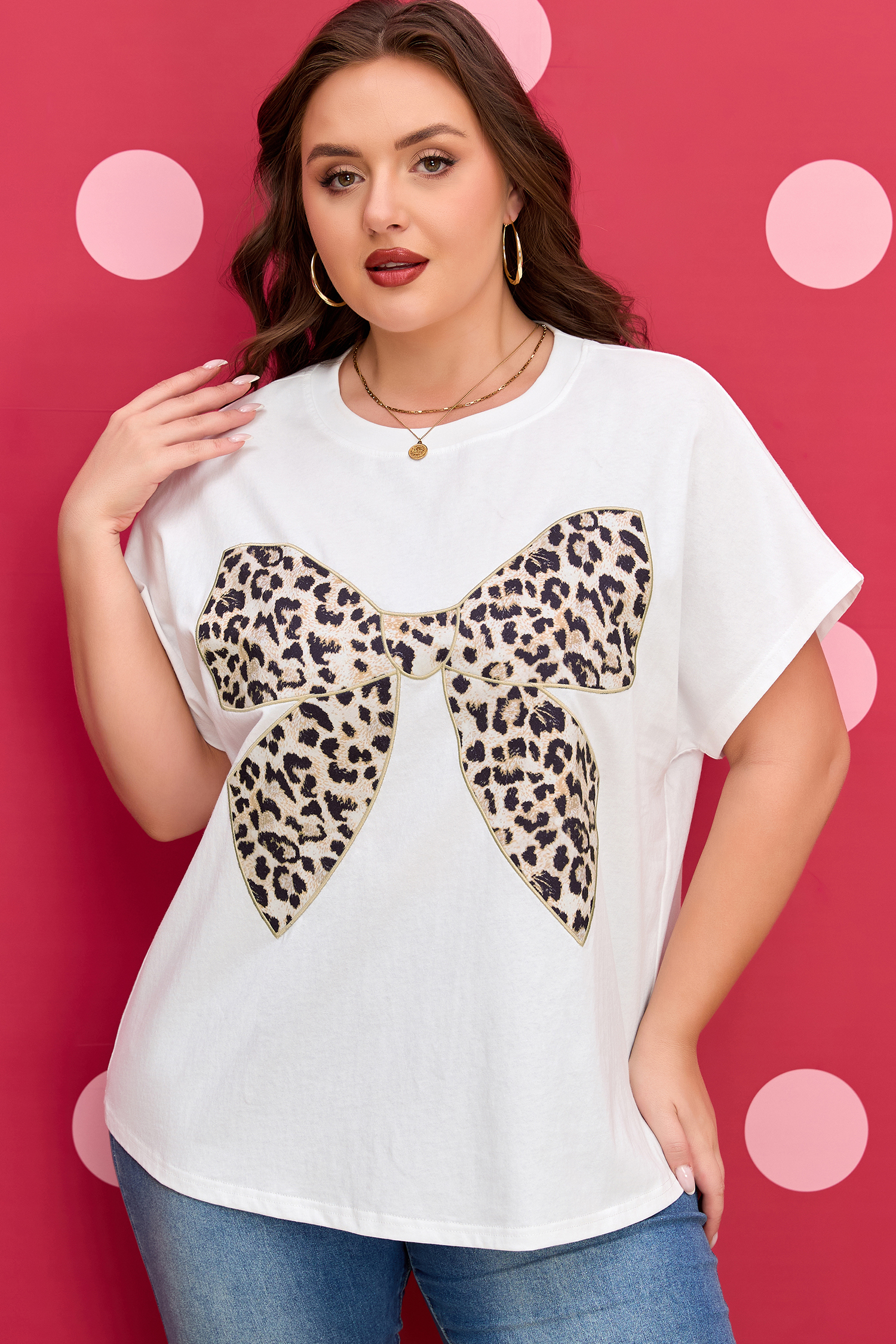 Pink Leopard Bow Embroidered Cotton Round Neck T Shirt - loveforevers