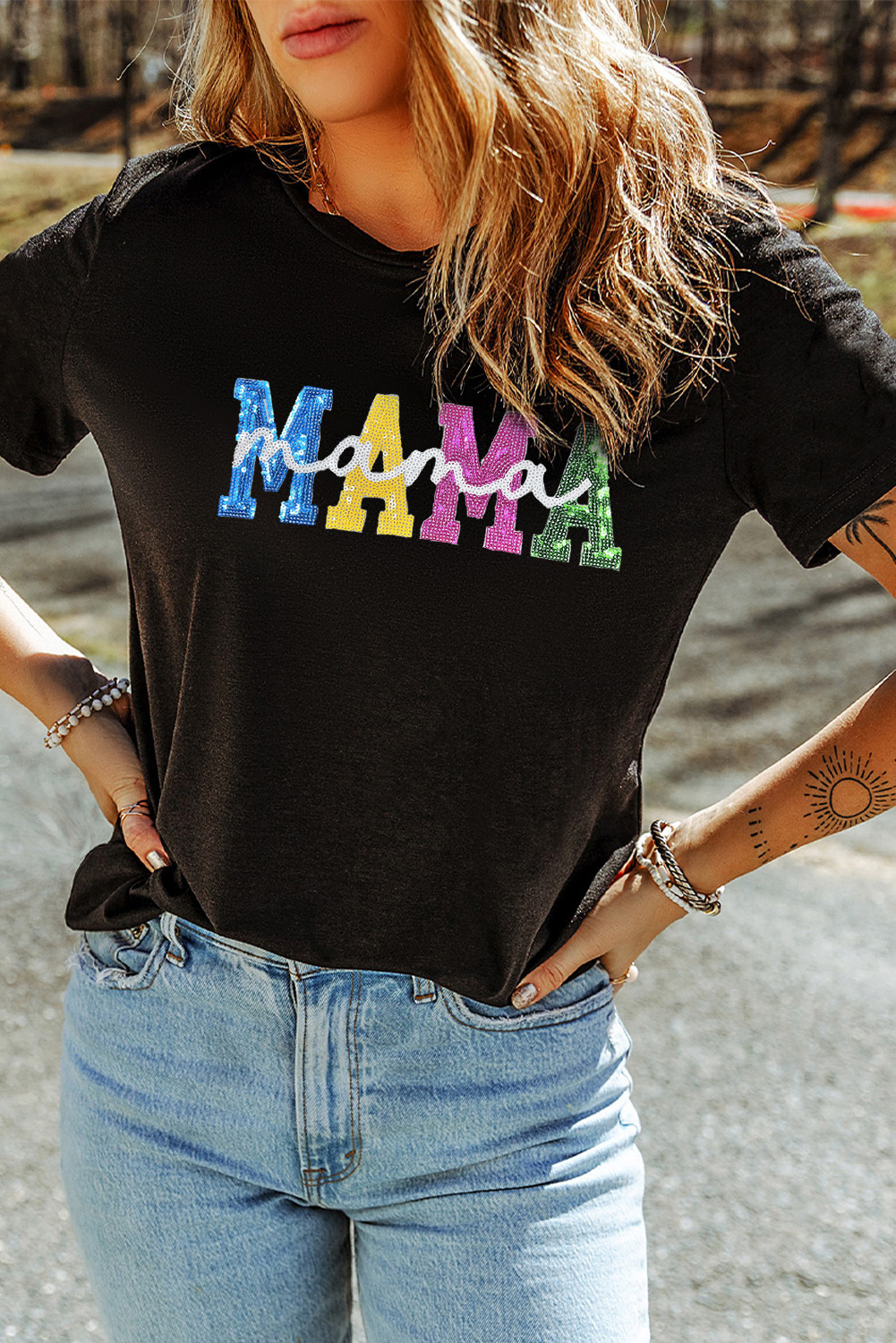 Black Sequin MAMA Double Letter Graphic Tee - loveforevers