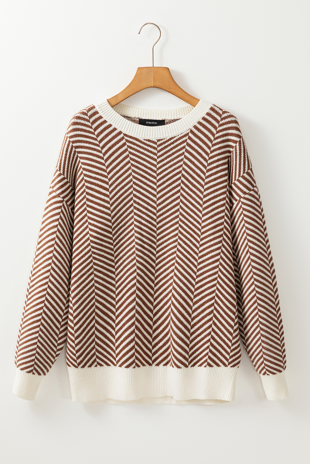 Coffee Contrast Edge Crew Neck Drop Shoulder Sweater - loveforevers