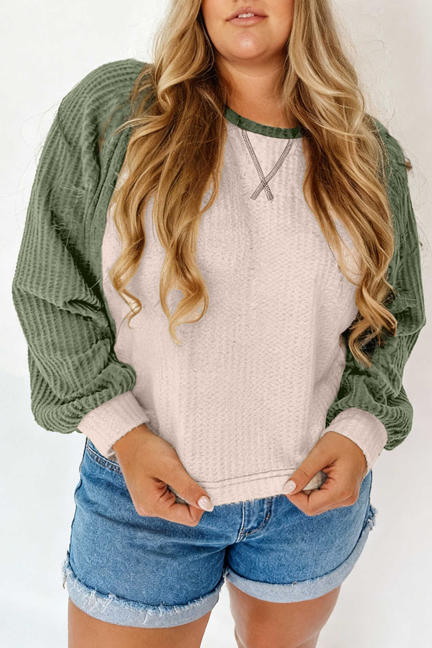 Mist Green Plus Size Waffled Color Block Long Sleeve Top - loveforevers